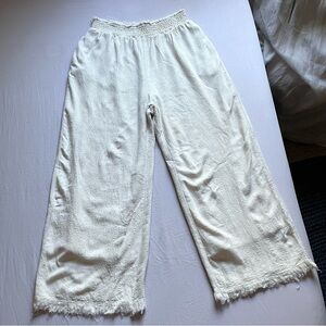 SOLAI ivory‎ cream textured wide leg elastic waist cropped rayon linen fray hem